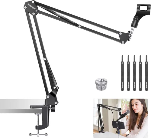 Vista 10 de NEEWER Soporte de brazo para micrófono, soporte de escritorio con brazo de tijera de suspensión con clip y adaptador de 3/8 a 5/8 pulgadas