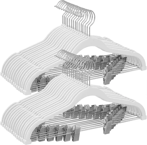 Vista 17 de SONGMICS Paquete de 30 perchas para pantalones, perchas de terciopelo de 16.7 pulgadas de largo con clips ajustables, resistentes y antideslizantes
