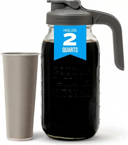 County Line Kitchen Jarra de vidrio para café de infusión fría con tapa - Boca ancha, 2 cuartos (64 oz) - Resistente, a prueba de fugas - Jarra para