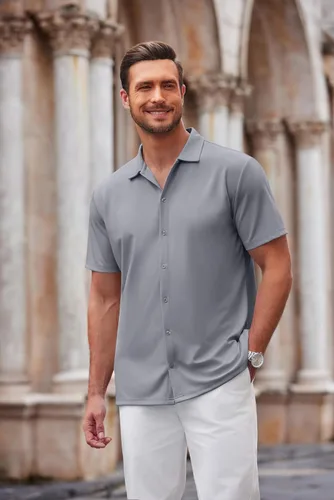 Vista 8 de COOFANDY Camisa casual con botones para hombre, manga corta, sin arrugas, camisa de verano