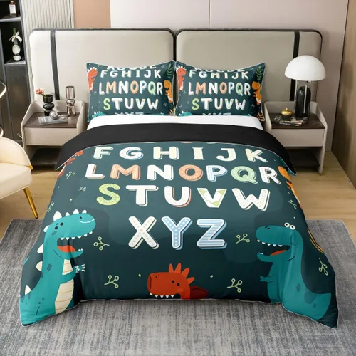 Juego de funda de edredón de 100 % algodón para niños y niñas, diseño de dinosaurio de caricaturas, juego de ropa de cama educativa para niños y