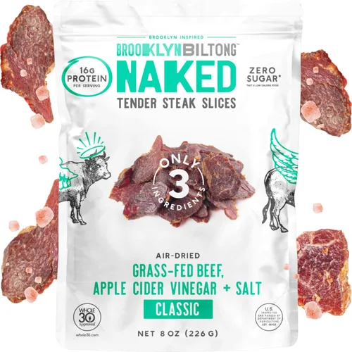 Brooklyn Biltong Snack de Carne de Res Alimentada con Pasto Secada al Aire, Cecina de Res Sudafricana (8 oz, Paquete de 1) - Aprobado por Whole30,