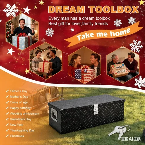 Vista 6 de Caja de herramientas de aluminio de 30 pulgadas, cajas de herramientas resistentes para cama de camión, caja de herramientas para camión con placa