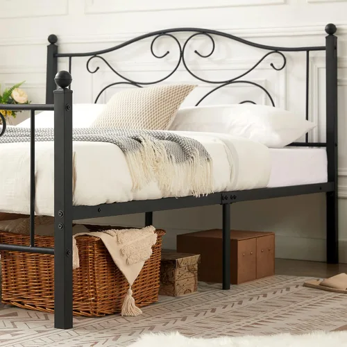 Vista 5 de VECELO Base de cama de metal de tamaño matrimonial con cabecero y estribo, base de colchón de hierro, no necesita somier, resistente y fácil