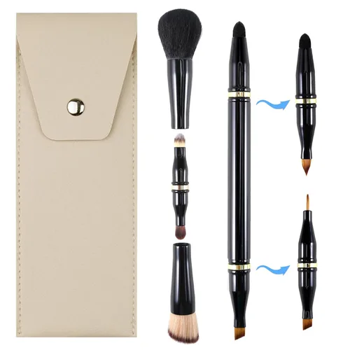 Vista 8 de Ponhey Juego de brochas de maquillaje de viaje 4 en 1, cepillo de maquillaje desmontable con estuche para base, polvo suelto, corrector, sombra