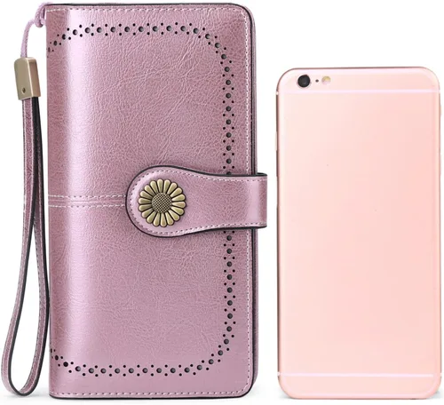 Vista 5 de Sendefn Carteras de cuero auténtico, para mujer, con tarjetero y bloqueo de interferencia de radiofrecuencia (RFID), de gran capacidad y con correa