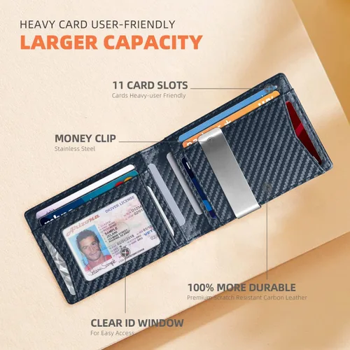 Vista 17 de RUNBOX - Carteras delgadas para hombre, cartera de piel con pinza para el dinero, cartera de bolsillo frontal con bloqueo RFID, tarjetero