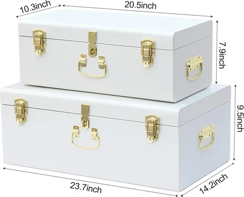 Vista 121 de Vixdonos Juego de 2 baúles decorativos de almacenamiento de caja de metal con asa (blanco con cierres de bronce)