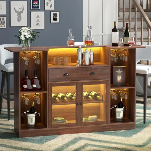 Vista 10 de Loomie Armario de mesa de bar con LED y cajón, mini barra de licor con almacenamiento de 8 niveles y soporte para vasos, soporte de barra de alcohol