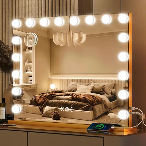 Vista 29 de ROLOVE - Espejo de tocador iluminado de 22 x 19 pulgadas con luces LED regulables, 3 modos de color, control táctil inteligente y base giratoria