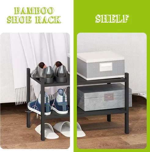 Vista 5 de BMOSU - Estante de zapatos pequeño de bambú de 2 niveles premium, organizador de almacenamiento apilable para pasillo, armario, sala de estar y Negro