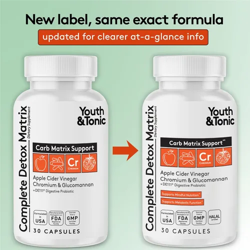 Vista 8 de Youth & Tonic Píldoras de desintoxicación equilibradas como limpieza intestinal completa y soporte de matriz de carbohidratos con ACV, glucomanano