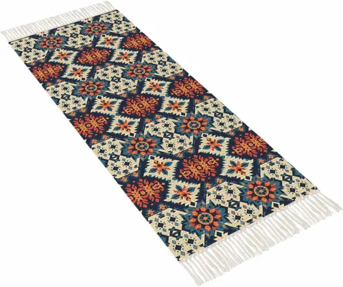 Vista 11 de Tassel Hand Woven Area Rug Retro Bohemia Navy Blue Pattern Entryway Rugs Washable Throw Mat,Tassel Carpets for Livingroom Kitchen Bedroom Dorm Decor