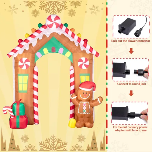 Vista 7 de Hioasis - Arco inflable de Navidad de 3 m con hombre de jengibre y caja de regalo, inflables navideños para exteriores con luces LED incorporadas
