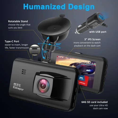 Vista 7 de Edospor Cámara de tablero 4K frontal y trasera integrada WiFi GPS para autos, pantalla IPS de 3 pulgadas con tarjeta SD de 64 GB, gran angular