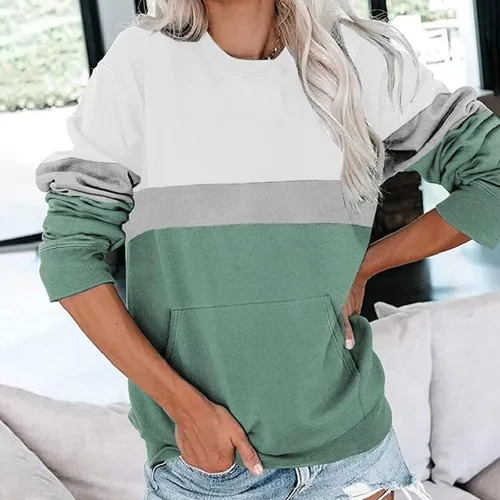 Vista 3 de Women's Colorblock Sweatshirt with Pocket, Casual Crewneck Pullover Shirts Long Sleeve Fall Tops Trendy Basic Tunic