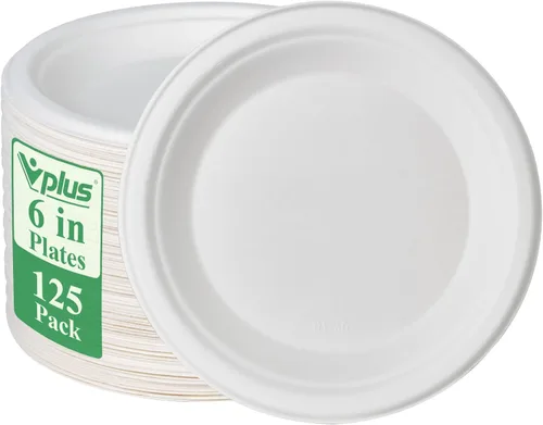 Vista 10 de Vplus Paquete de 125 platos de papel de 6 pulgadas, 100% compostables, platos de papel desechables de alta resistencia, bagazo, natural