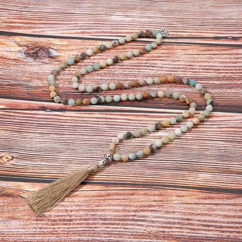 Vista 3 de BALIBALI Collar de 108 cuentas de mala, piedras semipreciosas, collar de meditación, 108 nudos a mano Japa Mala con cuentas de borla con colgante