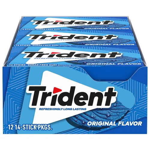 Vista 26 de 12 paquetes de 14 unidades cada uno; es decir, en total son 168 unidades de goma de mascar Trident Bubblegum sin azúcar sabor chicle. Accesorios
