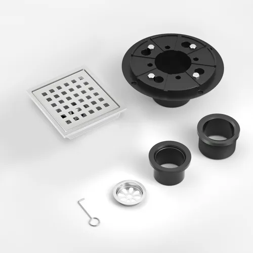 Vista 4 de Drenaje de ducha cuadrado de 4 pulgadas cepillado con rejilla extraíble con patrón cuadrado, drenaje de piso de acero inoxidable SUS 304 con brida