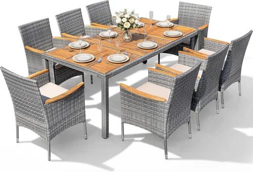 Vista 15 de Devoko Juego de 5 muebles, conversación de patio con parte superior de madera de acacia, mesa de comedor al aire libre de ratán y sillas para patio