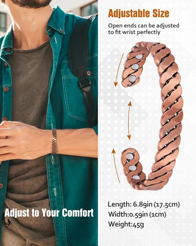 Vista 3 de Jecanori Pulseras magnéticas de cobre para hombres y mujeres – Efectiva pulsera de cobre puro – Brazaletes ajustables de puño