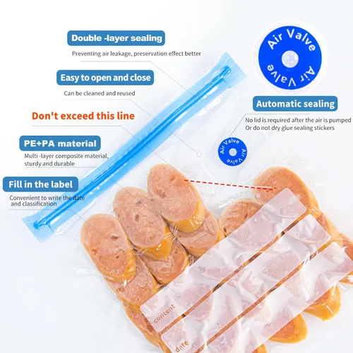 Vista 3 de Bolsas Sous Vide, 20 bolsas reutilizables de sellado al vacío de 10 x 11 pulgadas para alimentos, bolsa selladora con cremallera al vacío con bomba