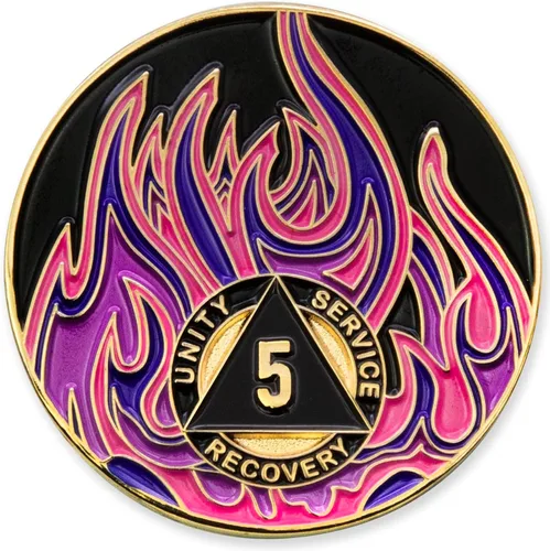 Vista 84 de Medallón de recuperación AA chapado en oro de 1 año Twisted Flames - Negro/Rojo/Naranja/Amarillo