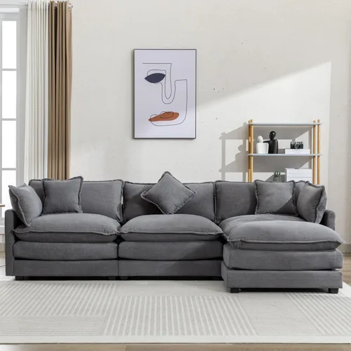 Vista 10 de JUSTONE Sofá modular tapizado de felpilla en forma de L de 111.4 pulgadas para sala de estar, sofá moderno de lujo con otomana, 5 almohadas, (azul)