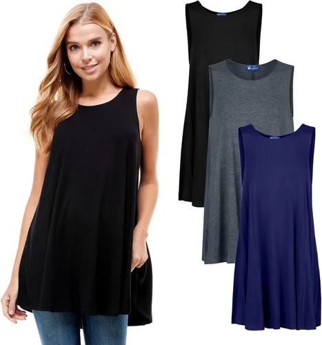 Vista 10 de Azules Sleeveless Tunic Top, Flowy Loose Fit Rayon Dressy Long Tunic Tank Tops for Women 3-Pack