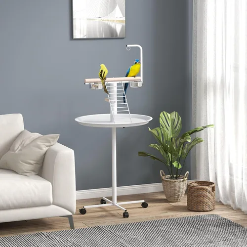 Vista 2 de PawHut Soporte para pájaros, soporte de loro con ruedas, perchas, cuencos de alimentación de acero inoxidable, bandeja redonda, soporte de juego
