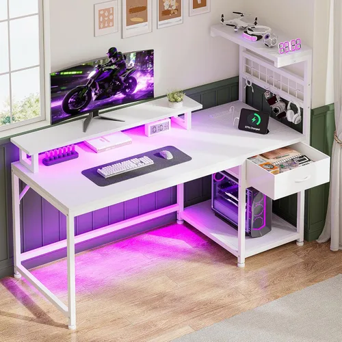 Vista 12 de EnHomee Escritorio para juegos de 40 pulgadas con tomas de corriente y luces LED, escritorio para computadora con cajón y estante de almacenamiento