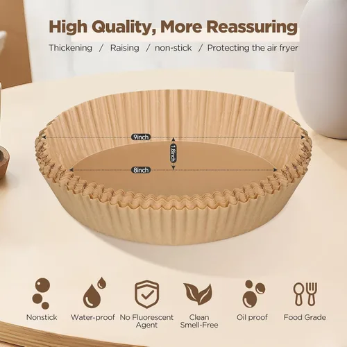 Vista 4 de Forros de papel para freidora de aire, 100 piezas forros de papel pergamino antiadherentes resistentes al aceite, forros para freidora de aire de 8