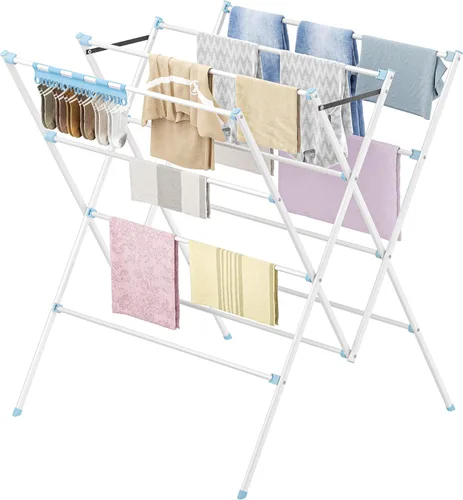 Vista 11 de HOMIDEC Tendedero de secado de ropa, 12 postes de secado grandes con clips para calcetines, estante de secado de ropa, plegable, portátil, para Plata