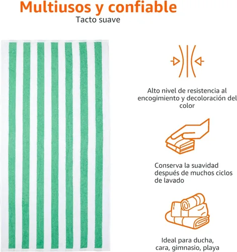 Vista 4 de Amazon Basics - Paquete de 2 toallas grandes de 100% algodón terry con diseño cabana a rayas, suaves y absorbentes, de secado rápido, para piscina