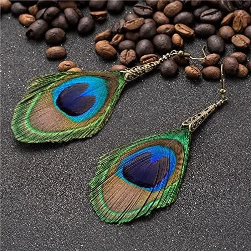 DQH - Pendientes de gota para mujer, grandes, largos, naturales, de plumas de pavo real, bohemio, étnico, a la moda, colgantes, para boda, fiesta,