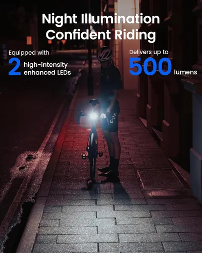 Vista 2 de Luz frontal de bicicleta Ravemen FR500 para conducción nocturna y diurna, compatible con computadoras Garmin/Wahoo, 6 modos, encendido/apagado