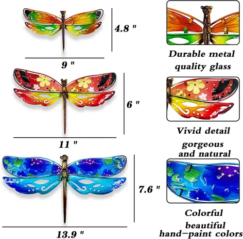 Vista 2 de John's Studio Decoración de pared de libélula de metal para colgar en el jardín, esculturas de cristal, decoración temática de insectos para sala