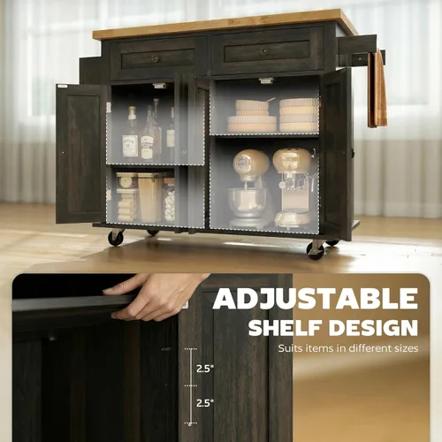 Vista 4 de HOMCOM Carrito de Isla de Cocina con Superficie de Madera de Caucho, Mesa de Isla de Cocina Rodante sobre Ruedas con Cajones, Estantes Ajustables