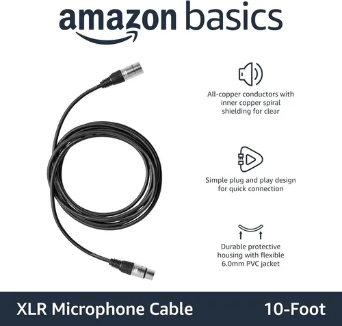 Vista 2 de Amazon Basics - Pack de 2 cables de micrófono XLR para altavoz o sistema PA, conductores de cobre, revestimiento de PVC de 6 mm, 10 pies, color negro