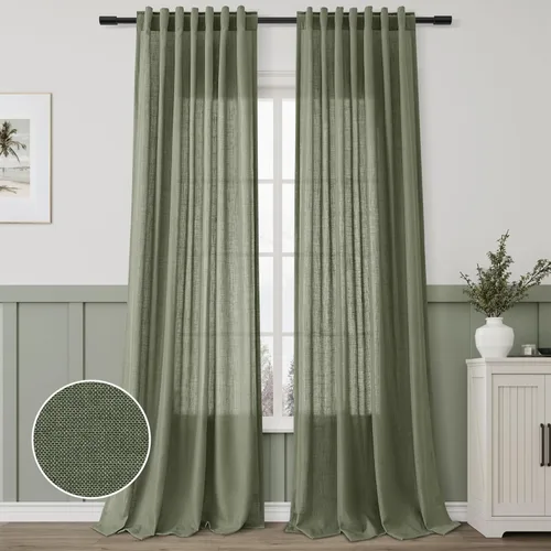 Vista 121 de Aersas Aqua Green Linen Curtains 84 Inches Long 2 Panels Set Back Tab Rod Pocket Living Room Curtain Farmhouse Rustic Light Filtering Hook Drapes