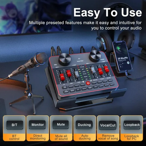 Vista 7 de Paquete de equipo de podcast para 2 micrófonos Tiktok Video Creator Kit, interfaz de audio, mezclador de DJ, tarjeta de sonido, micrófono
