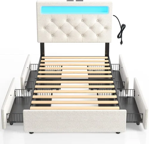 Vista 19 de Rolanstar Base de cama tamaño Queen con estación de carga, cama LED con almacenamiento debajo de la cama, cabecera ajustable de 38.9/40.8 pulgadas