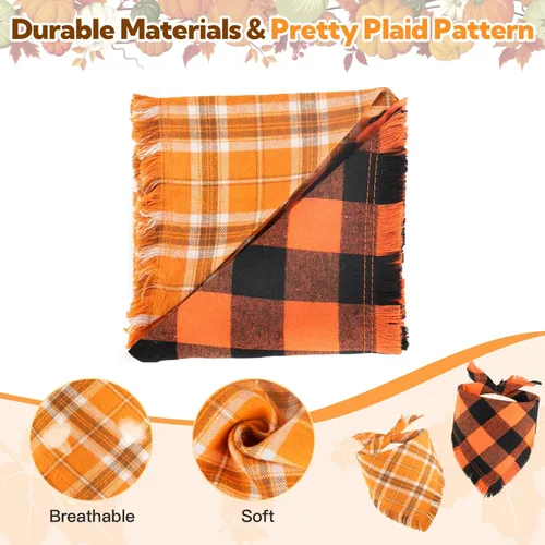 Vista 3 de Kytely Bandana de otoño para perro, paquete de 2 unidades de bandanas de Halloween para perro de Acción de Gracias, bufanda naranja a cuadros