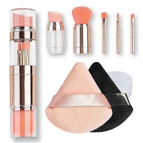 Vista 9 de kullder Brocha de maquillaje 4 en 1, brochas de maquillaje de viaje, esponja de mezcla, cejas, sombra de ojos y rubor, brochas de maquillaje