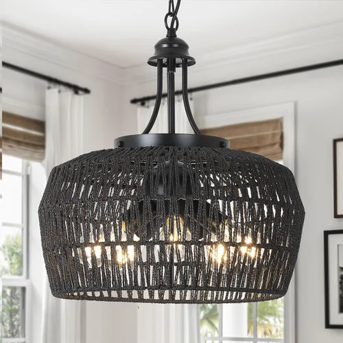 Vista 13 de HMVPL Lámpara de araña de granja para comedor, 3 luces, estilo bohemio, de ratán, lámpara colgante de techo con pantalla tejida, pequeña lámpara
