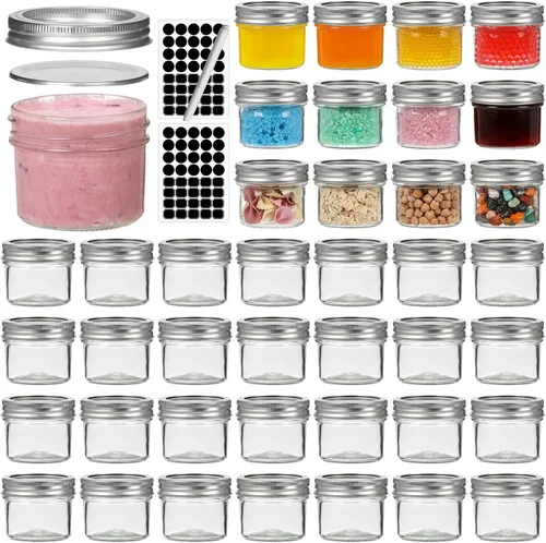 Vista 8 de EkkoVla Paquete de 40 tarros de vidrio de 4 onzas con tapas doradas, mini tarro de boca regular, tarros de conservas para miel, mermelada, gelatina