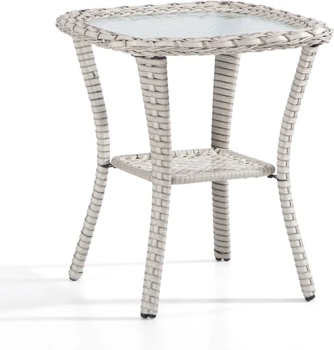 Vista 9 de Joyside Mesa auxiliar de mimbre para exteriores de 20 x 20 x 22 pulgadas, mesa de centro de patio con vidrio templado de 0.197 in y práctico estante