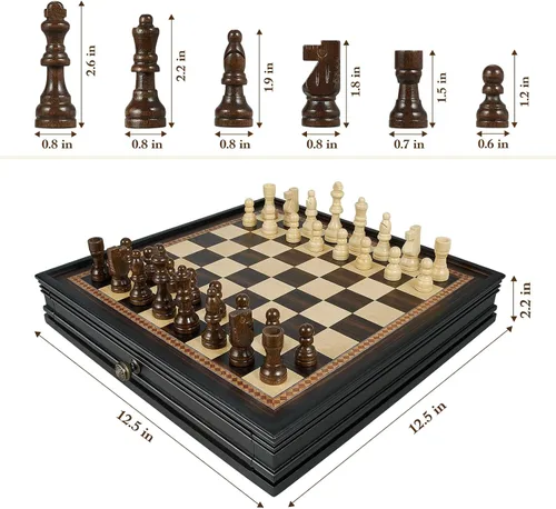 Vista 5 de BIVOMON Juego de ajedrez de madera de 12.5 pulgadas, piezas de ajedrez magnéticas con 2 cajones de almacenamiento integrados - juego de tablero