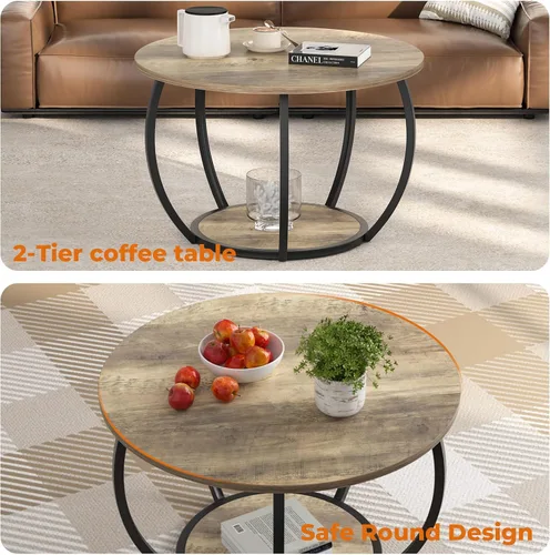 Vista 5 de GreenForest Round Coffee Table with 2-Tier Open Storage, 27.6 inch Small Circle Coffee Tables with Adjustable Feet, Modern Mini Center Table for
